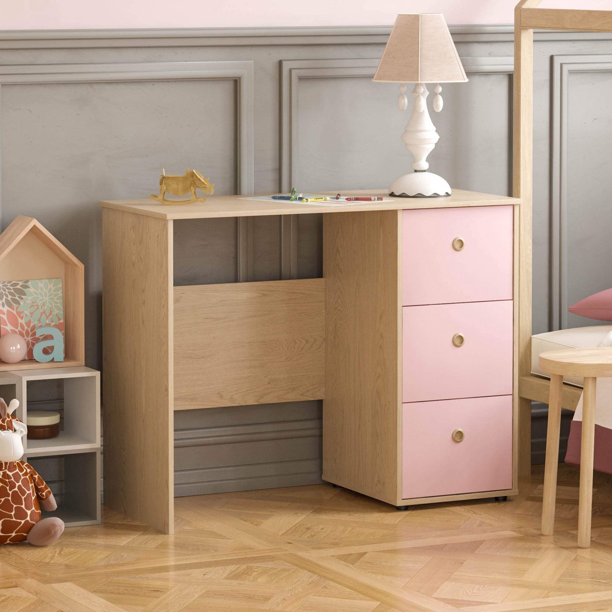 SnelShoppen - Junior Bureau met 3 Laden - Computer Kaptafel voor Thuisstudie - Roze en Eiken Kindermeubilair - Werkstation voor Kinderen