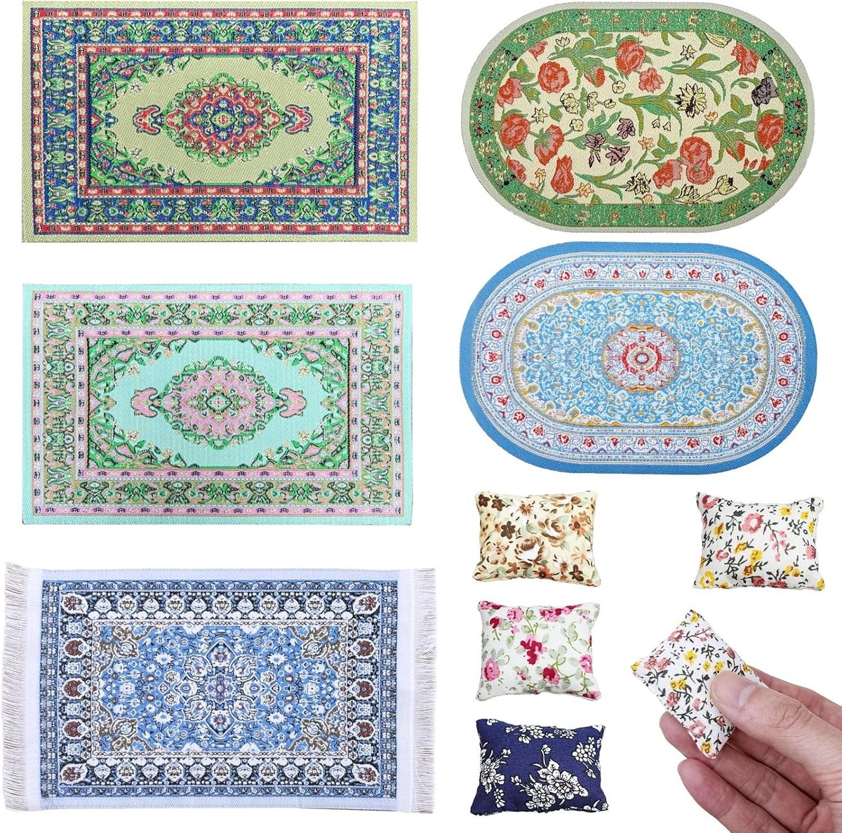 9-delige Miniatuur Accessoires voor Poppenhuis, Retro Tapijt en Kussen, Meubels en Decoratie voor 1:12 Schaal Poppenhuis