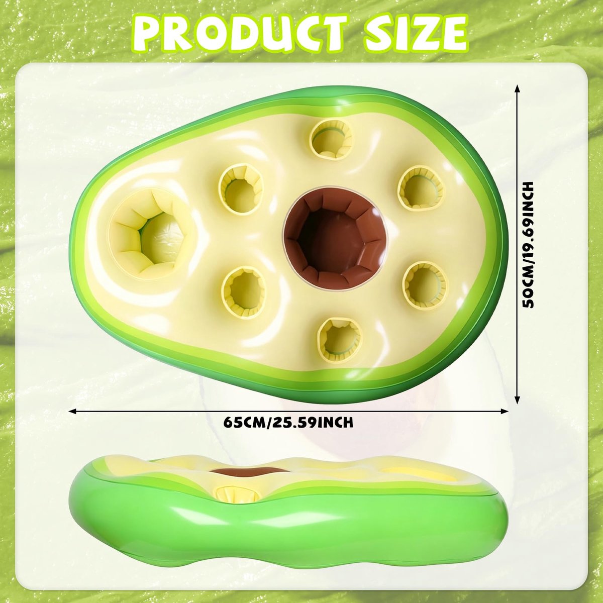 SnelShoppen - Zwembar Opblaasbare Bekerhouder Avocado-vorm, 2-in-1 Drank- en Snackhouder, 8 Gaten, Grote Capaciteit, Drijvende Onderzetters voor Zwemb