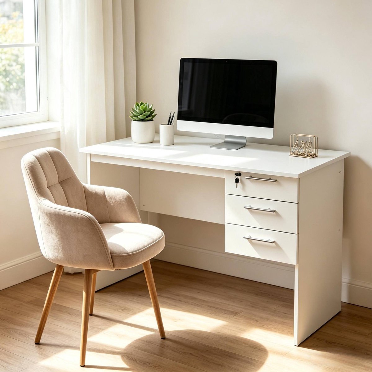HAUSS SPOLE Bureau - Computerbureau Met 3 Lades En Afsluitbare Lade - Voor Kantoor Slaapkamer En Studiekamer - Hout - 120x60x75 Cm - Wit