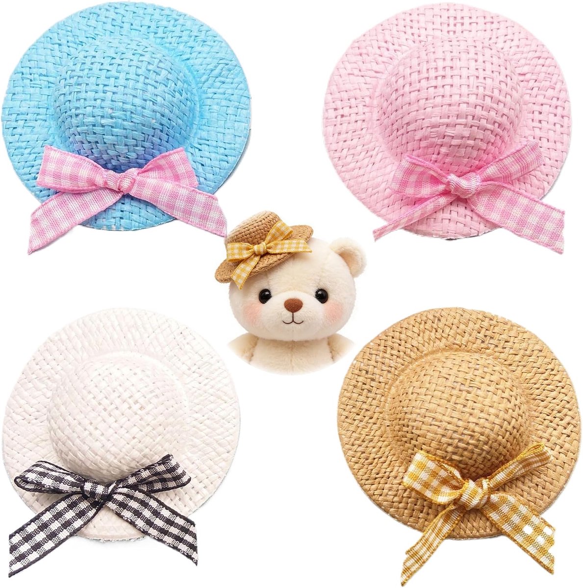 4 stuks handgeweven mini-strohoeden, kleine decoratieve hoeden, 6,5 cm, miniatuurstrohoed met strik, poppen - ShopVlot