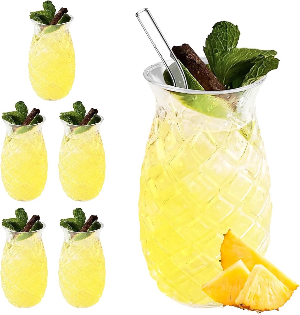 Set van 6 glazen met ananasdesign: 400ml cocktailglazen, herbruikbare feestglazen, ideaal voor sap, cocktails en thuisgebruik