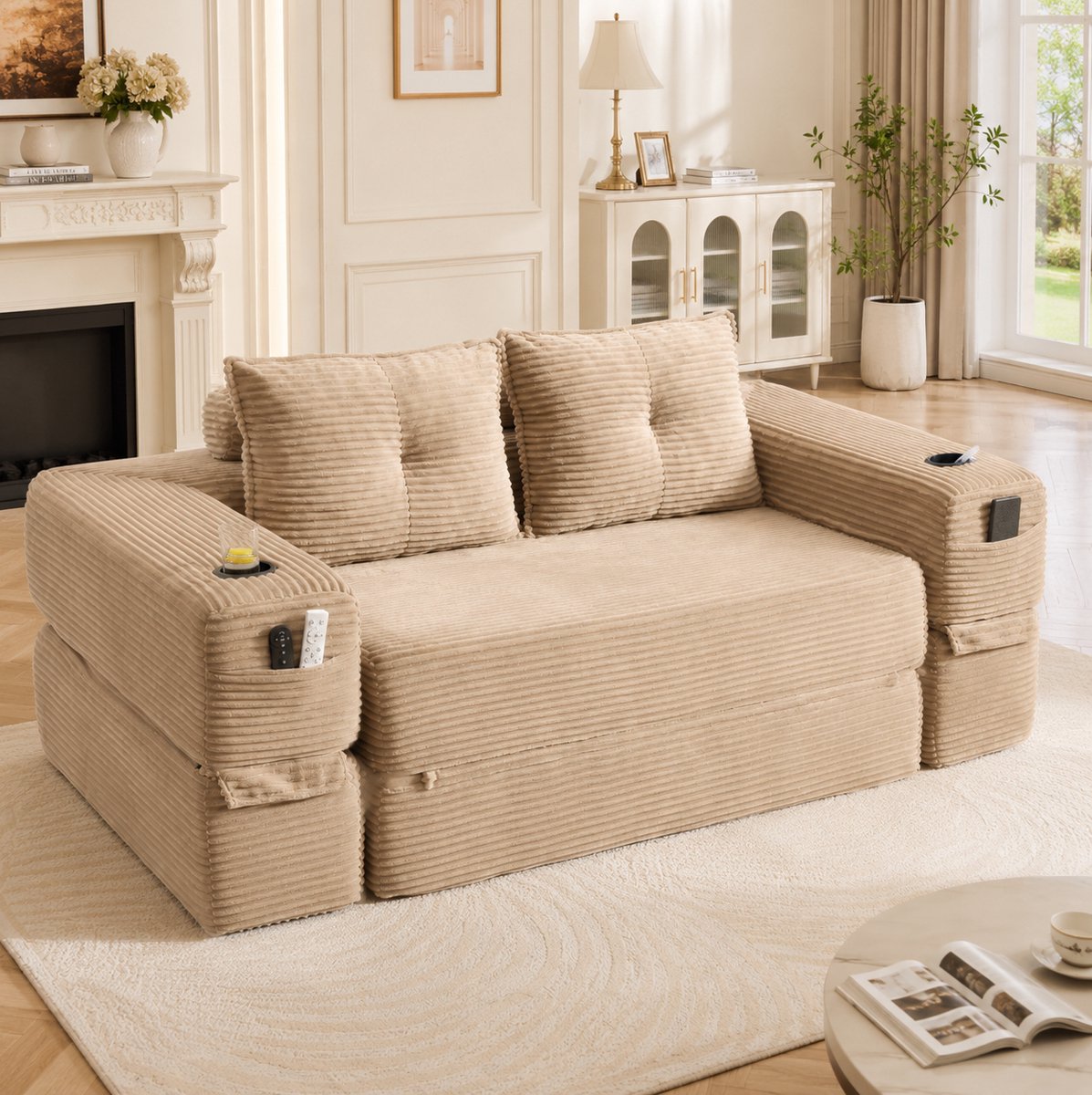 OKWISH Slaapbank 2 Persoons 180 x 98 x 80 cm Uitklapbaar Met Bekerhouder Zijvakken Memory Kussens Voor Woonkamer Corduroy Khaki