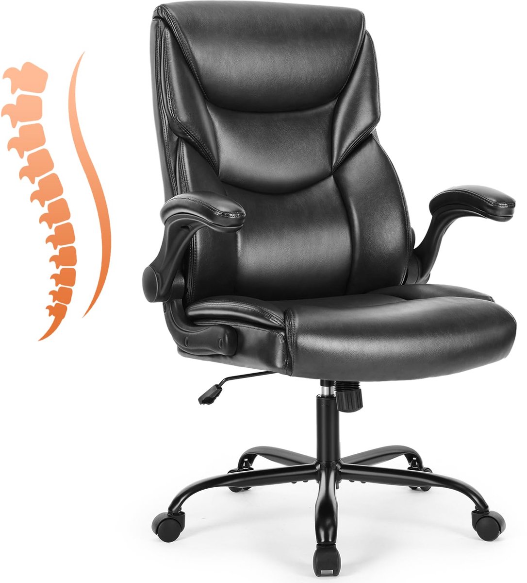 SnelShoppen - Ergonomische Computergamingstoel, Heavy Duty Bureaustoel met Opklapbare Armen, PU-Leer, Verstelbare Draaistoel met Wielen, Zwart voor Th