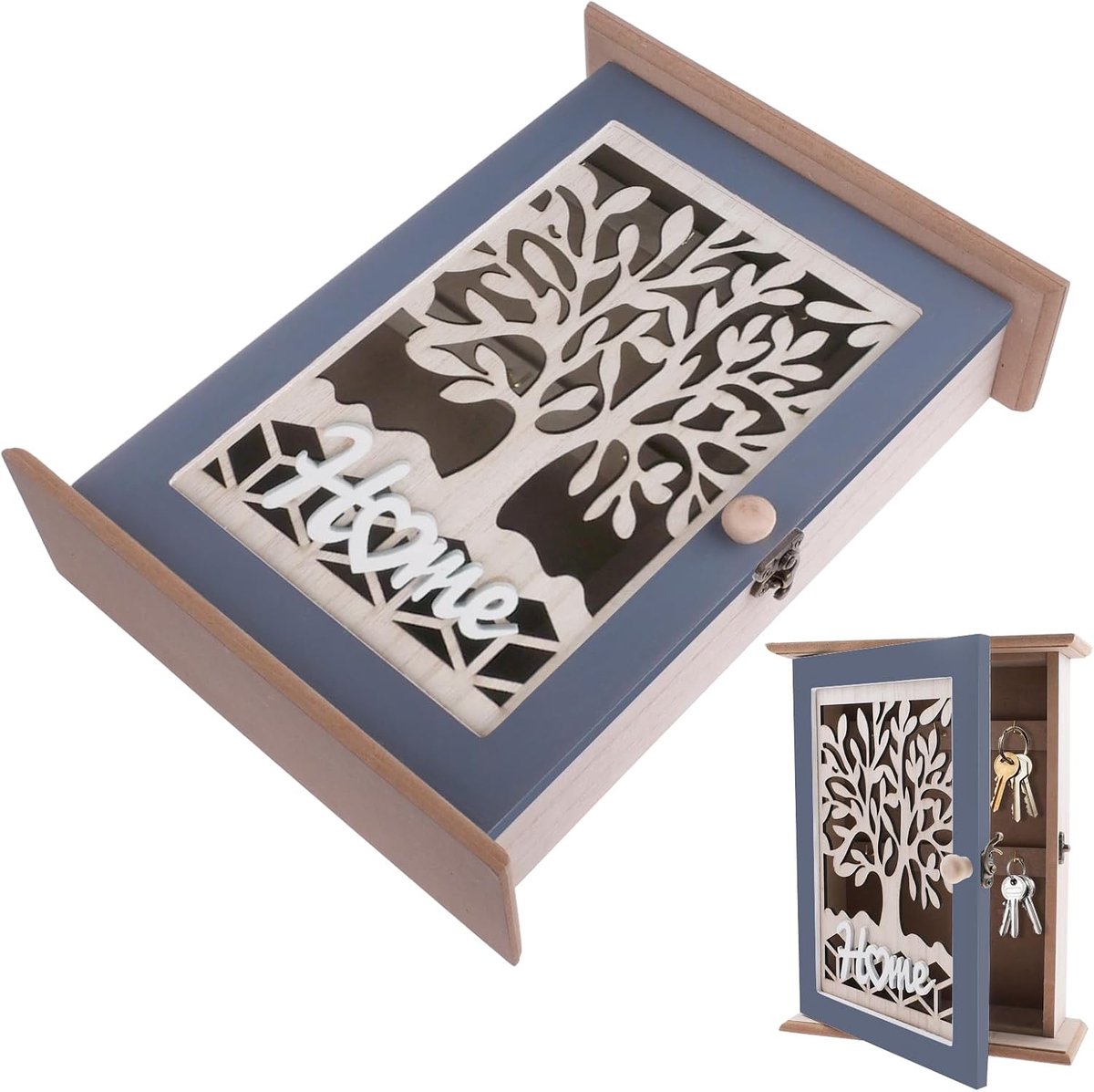 SnelShoppen - Sleutelkast Spaarkast Houten Sleutelkast Modern met Levensboom - Sleutelkast met 6 Sleutelhaken voor Entree, Hal, Kantoor - Sleutelhoude