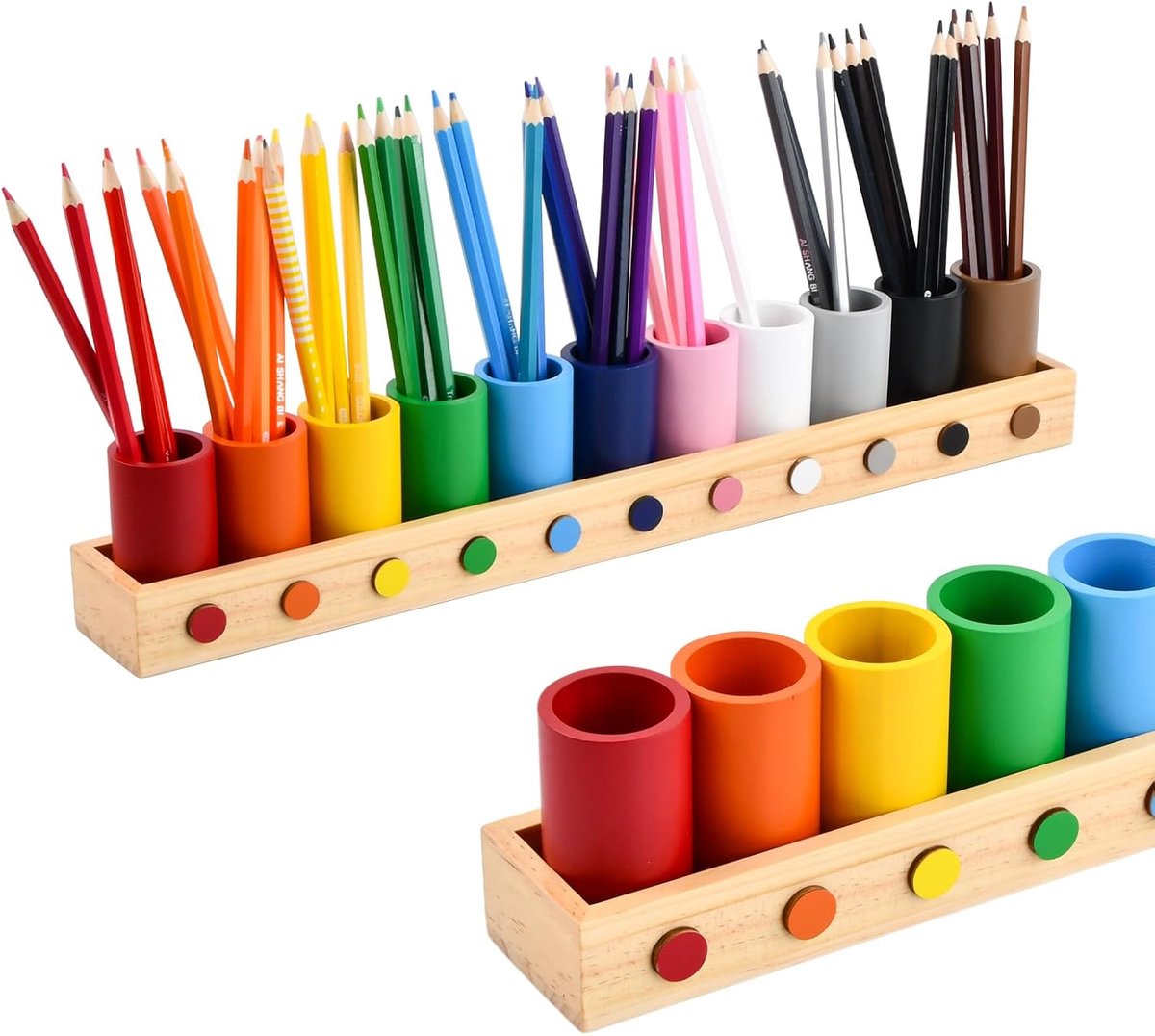 SnelShoppen - Kleurrijke Houten Potloodhouder, 46 x 5.8 x 8 cm, Grote Capaciteit, 11 Kleuren, Potloodhouder voor Krijtjes, Houten Pennenhouder voor Bu