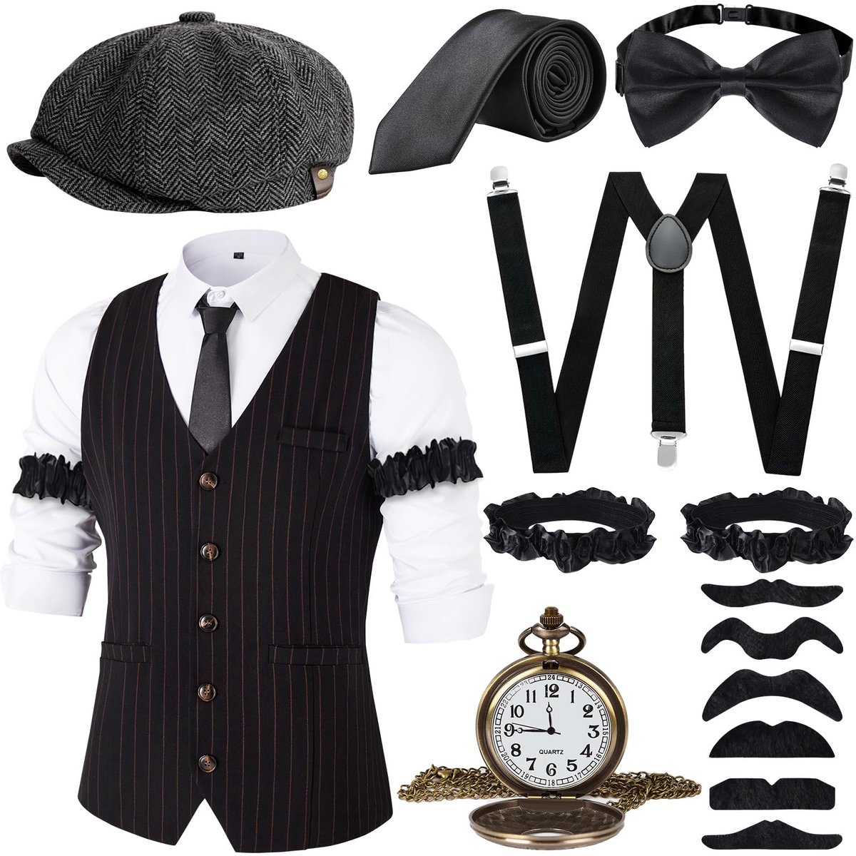 SnelShoppen - Jaren 20 Herenaccessoires Set - 1920 Maffia Kostuum met Vest en Toebehoren - Zwart - Perfect voor Halloween, Carnaval - Maat L