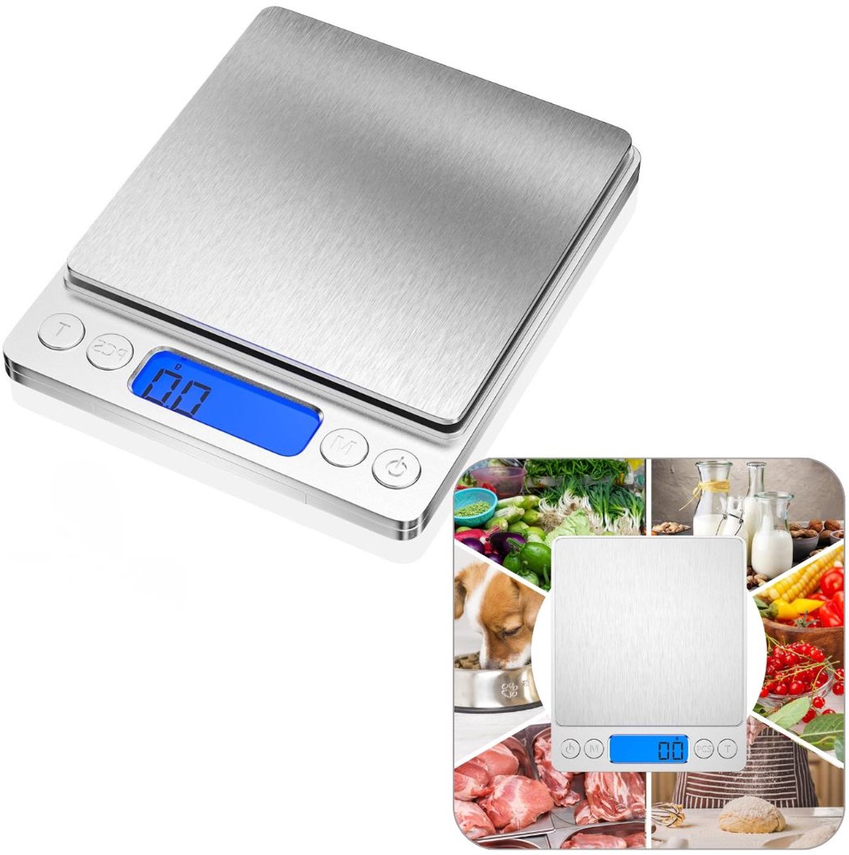 ApexArte® Weegschaal Keuken - Dierenweegschaal - Pakketweegschaal - Digitaal - Zilver