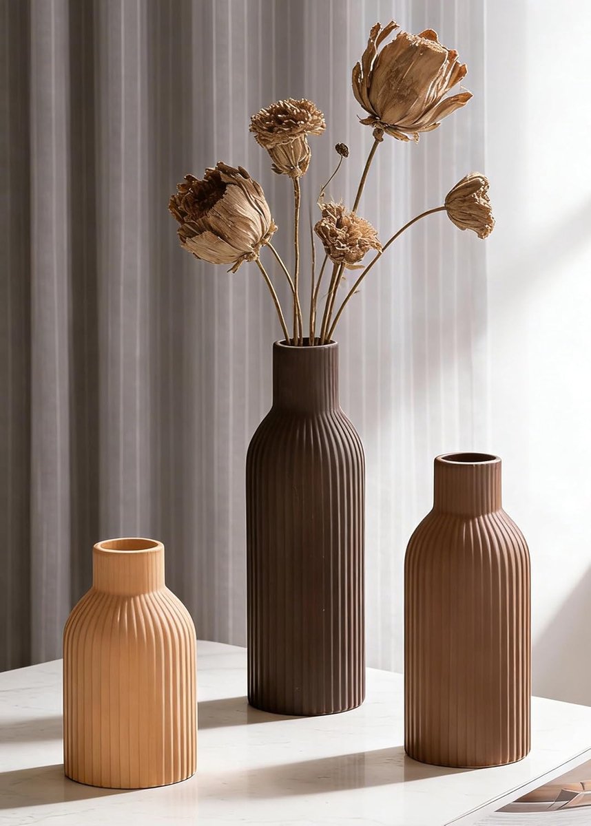 SnelShoppen - Keramische Vazen Set van 3 - Scandinavische Boho-Stijl - Bruin/Donkergroen/Oranje - Bloemenvazen voor Pampasgras - Woondecoratie voor Bo