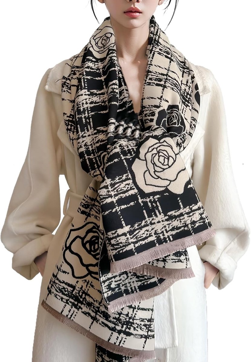 Winter Sjaal voor Vrouwen - Pashmina Sjaals en Wraps met Romantisch Geruit Camellia Patroon, Omkeerbare Cashmere Sjaal met Franje en Warmte