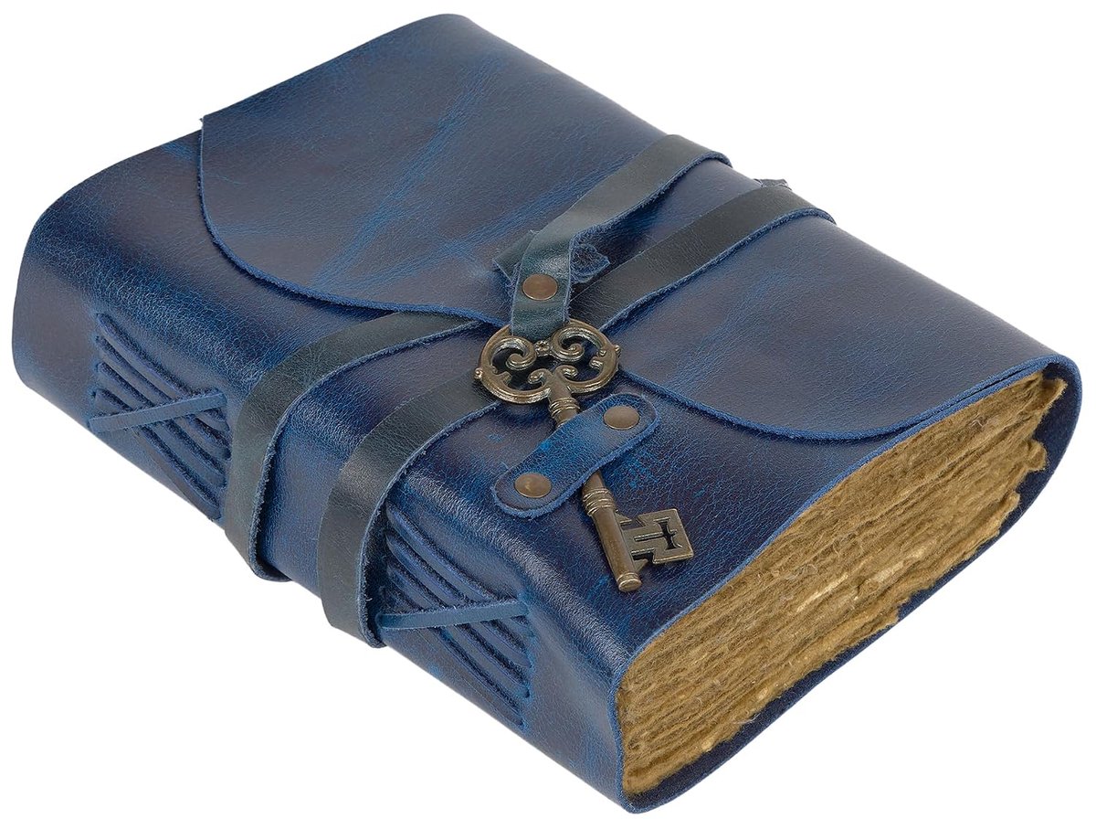 SnelShoppen - Vintage reisnotitieboek van blauw leer met sleutel, handgemaakt katoenpapier, perfect als leren dagboek, notitieboek of premium schrijfb