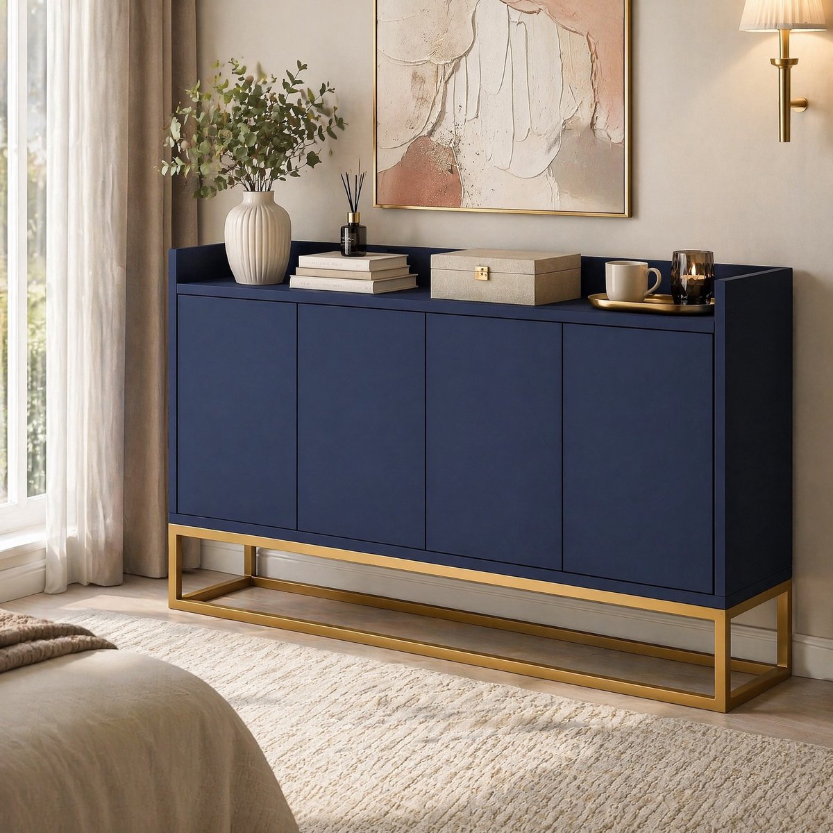 COVREO Dressoir 120x30x80 cm marineblauw, van spaanplaat en MDF met 4 deuren