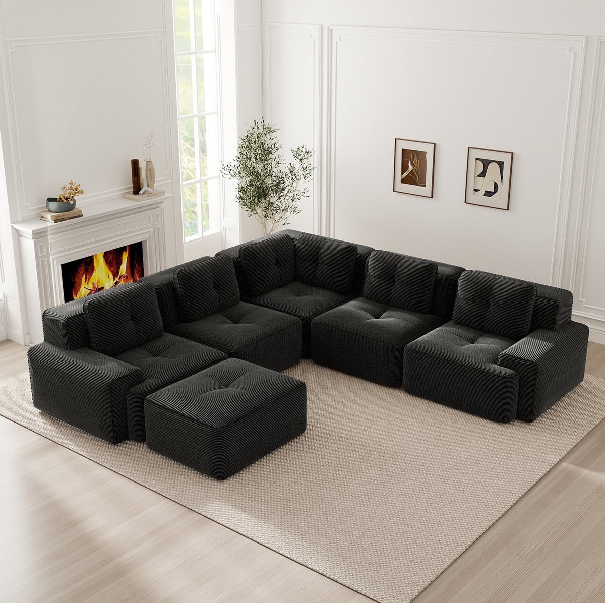 OKWISH U-Bank – Modulaire Hoekbank Met Ottomane – Zonder Montage, Diepe Zitting En Antislip Ontwerp – Voor Woonkamer Of Kantoor – Corduroy – Zwart