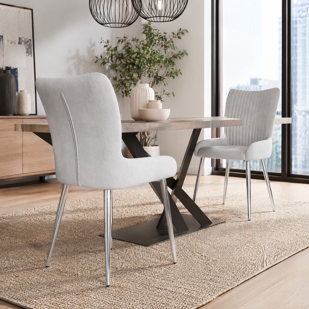 HAUSS SPOLE Eetkamerstoel - Luxe Velvet Design - Set Van 6 - Comfortabel Met Armleuningen & Zilverkleurige Metalen Poten - Voor Eetkamer, Woonkamer En Slaapkamer - Grijs