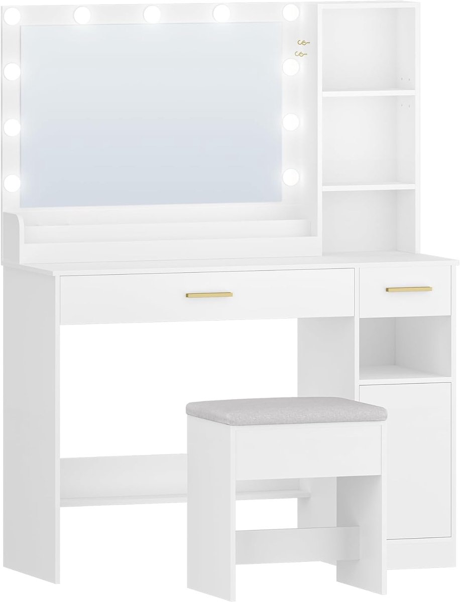 Hzuaneri KKaptafel met Kruk, Kaptafel met Grote LED Spiegel, 11 LED Verlichting met Regelbare Helderheid, Make-up Bureau, 2 Laden, 4 Compartimenten en 1 Kast, 40 x 108 x 141 cm, Wit