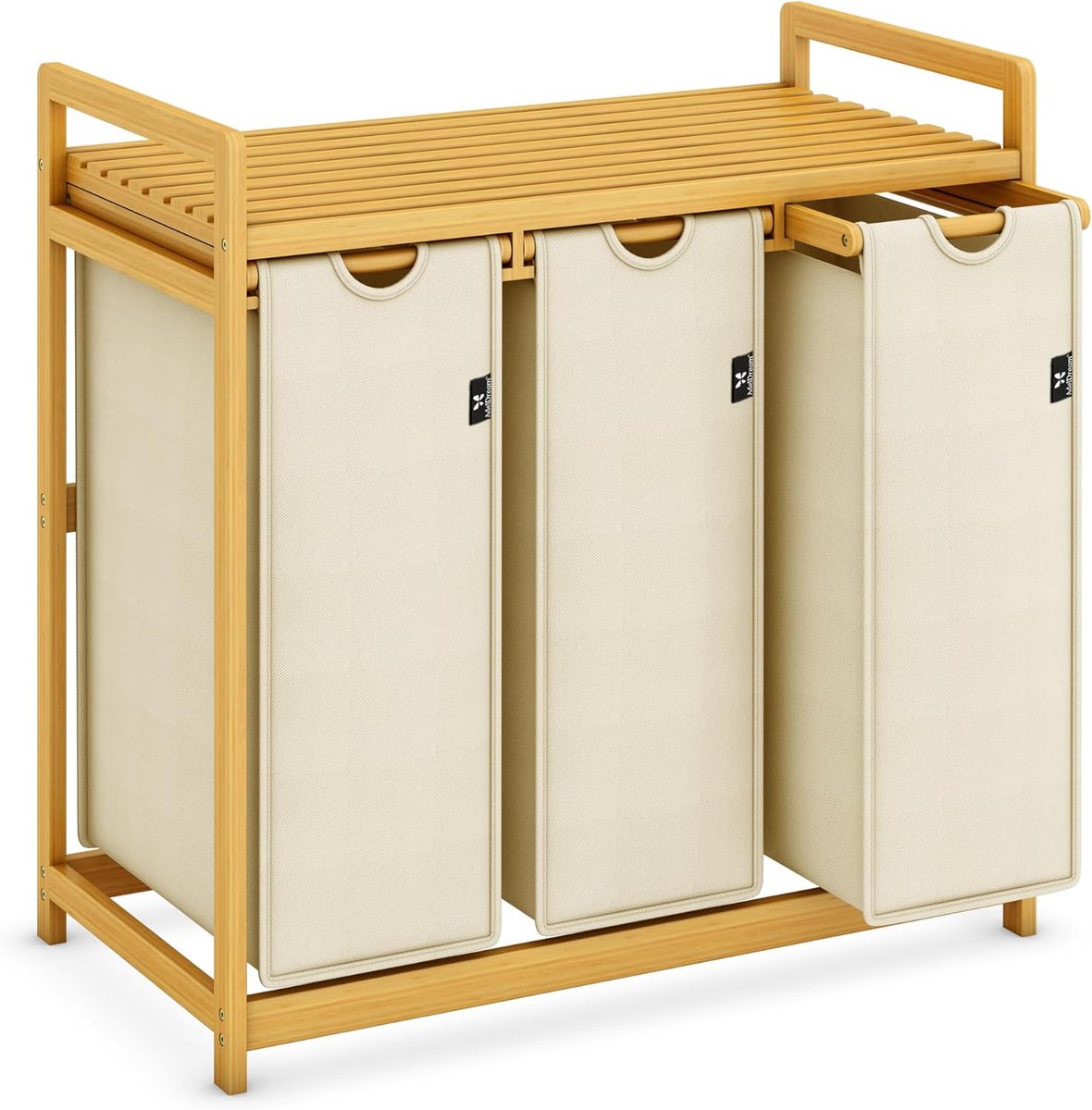 SnelShoppen - Wasmand 150 liter met 3 vakken, bamboeframe, wassorteerder met 3 x 50L zakken, uittrekbaar en afneembaar, beige kleur, ideaal voor thuis