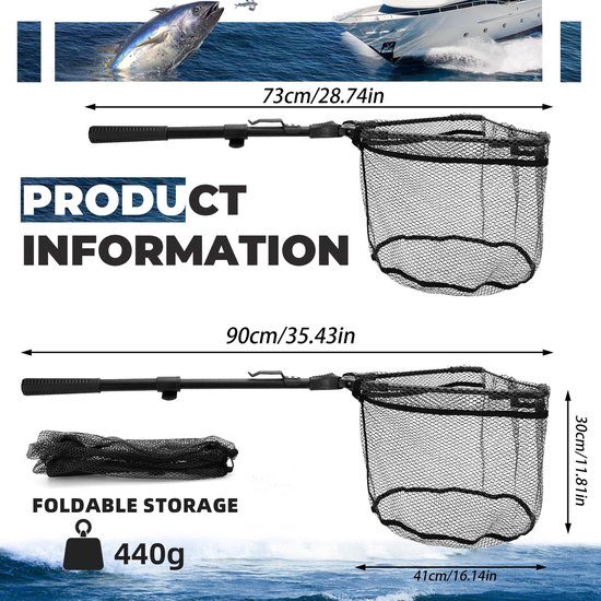 SnelShoppen - Vouwbare Schepnet met Rubber, Telescoop, 90 cm, Schepnet voor Forel, Karper, Zalm, Baars, Duurzaam Nylon, Aluminium Handvat van Snelshoppen — afbeelding 2