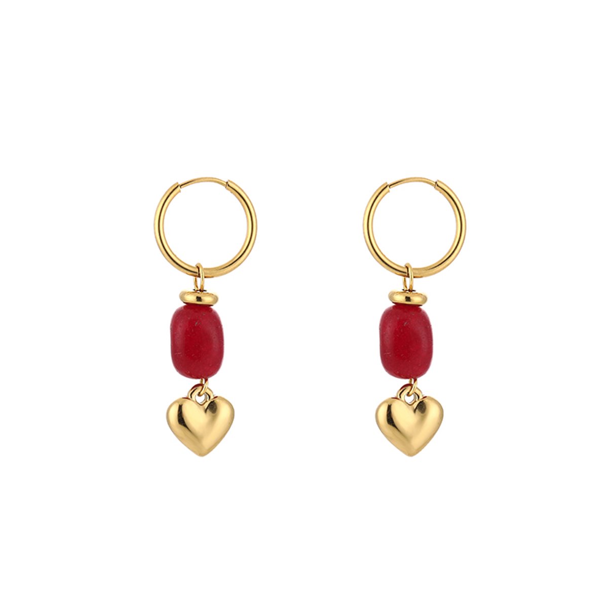 Stainless Steel Gemstone & Puffy Heart Charm Hoops – Luxe Natuursteen & Puffy Hart Oorringen – RVS - Rood