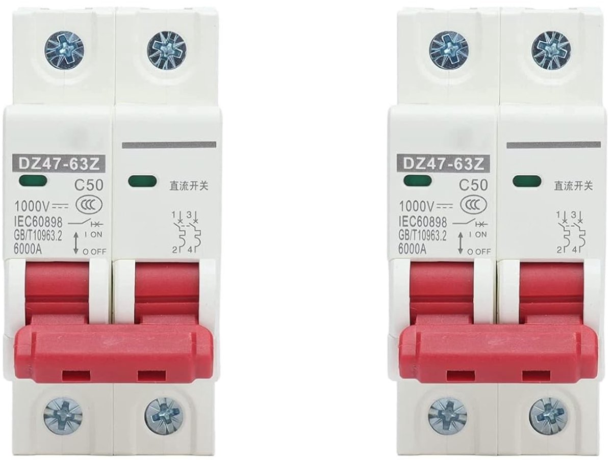 1000 V DC kabelonderbrekers voor 50 A, 2-polig, met overstroombeveiliging en automatische zekering voor residentiële verlichting en PV-installaties