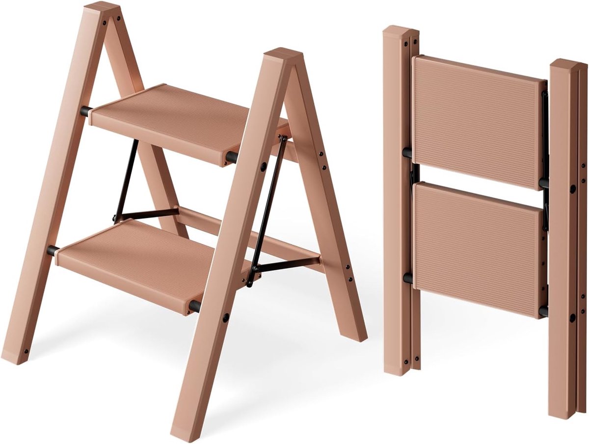 SnelShoppen - ATTESTIERER Trapladder 2 Treden Inklapbaar Aluminium Roze - 150 kg Capaciteit, Anti-slip Pedaal, Draagbare Opstapkruk, Eenvoudig Op Te B