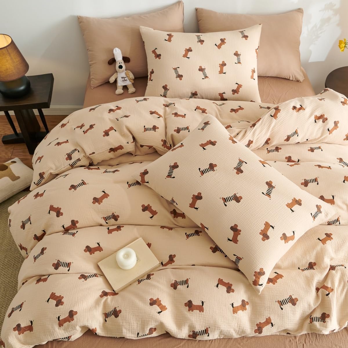 SnelShoppen - Dubbel Mousseline Beddengoed 200x220 cm Katoen Teckel Patroon met Ritssluiting en 2 Kussenslopen 80x80cm - Öko-Tex Kwaliteit voor Kinder