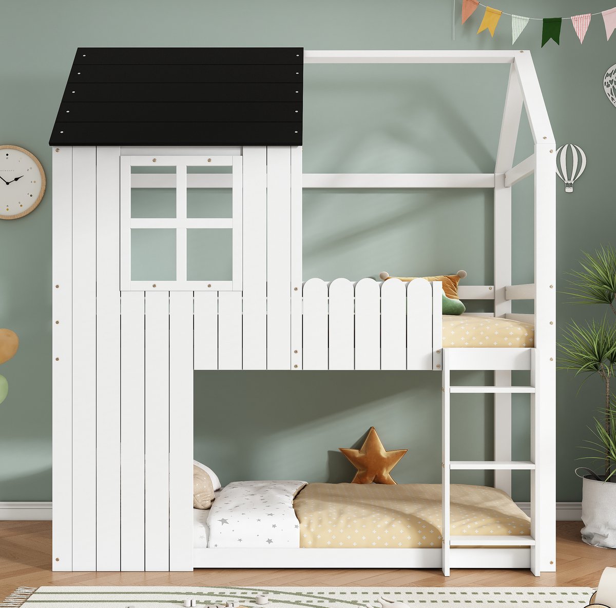 DESMIU Hoogslaper 90x200 cm – Huisbed Met Raamdetails En 3-Tredentrap – Rondom Veiligheidshek – Voor Kinderen – Hout En MDF – Wit Zwart – Zonder Matras