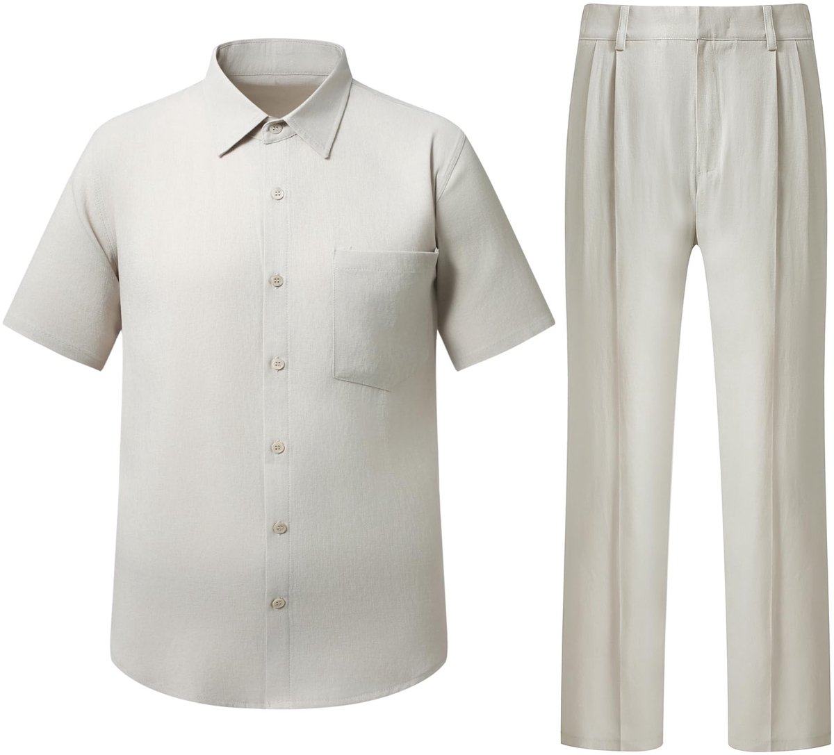 SnelShoppen - Heren 2-delig linnen shirt en broek set - Lichtgewicht zomeroutfit - Ademend en comfortabel - Beige - Maat S - Perfect voor feest, vakan