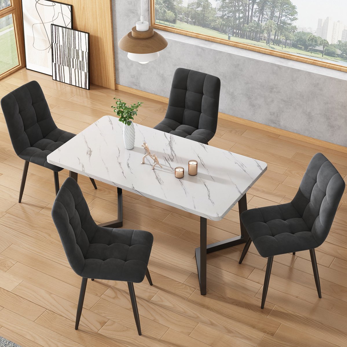 COVREO Eettafel set 117 x 68 x 75 cm grijs, met 4 stoelen en zwart onderstel