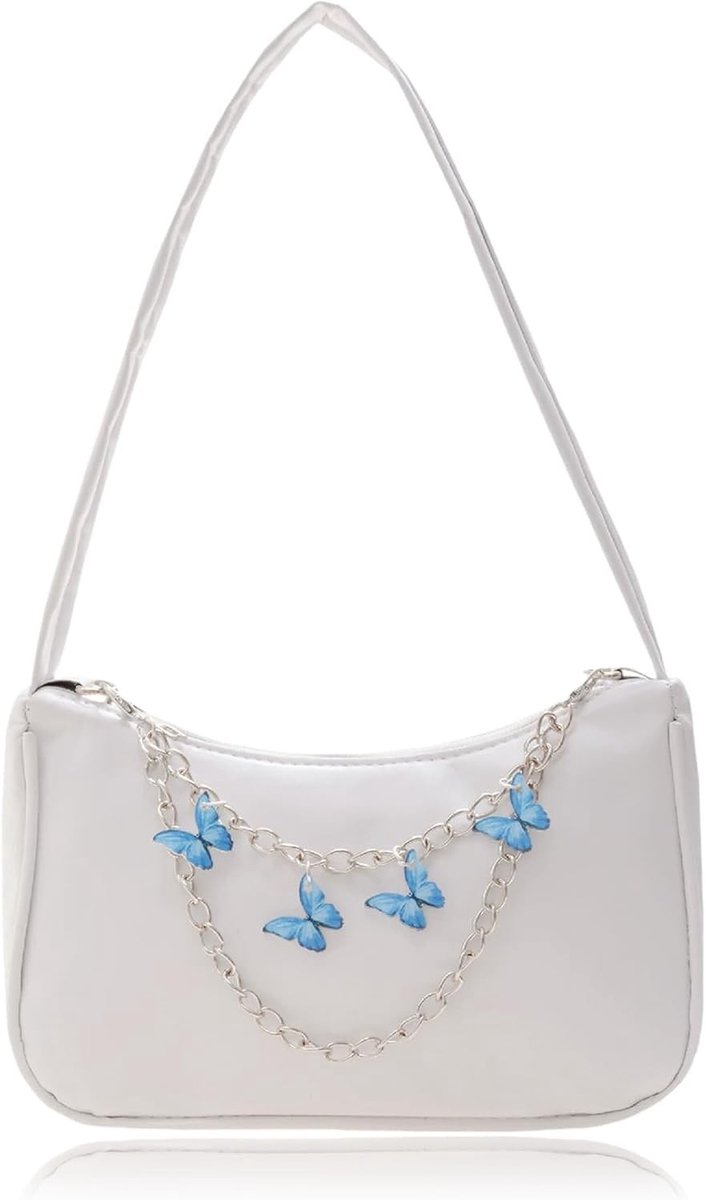 Fashionabele schoudertas voor tienermeisjes - betaalbare koeltas met vlinderketting van kunstleer - ideaal voor meisjes van 10-12 jaar, wit, 22 cm x 14 cm x 8 cm, trendy en praktisch