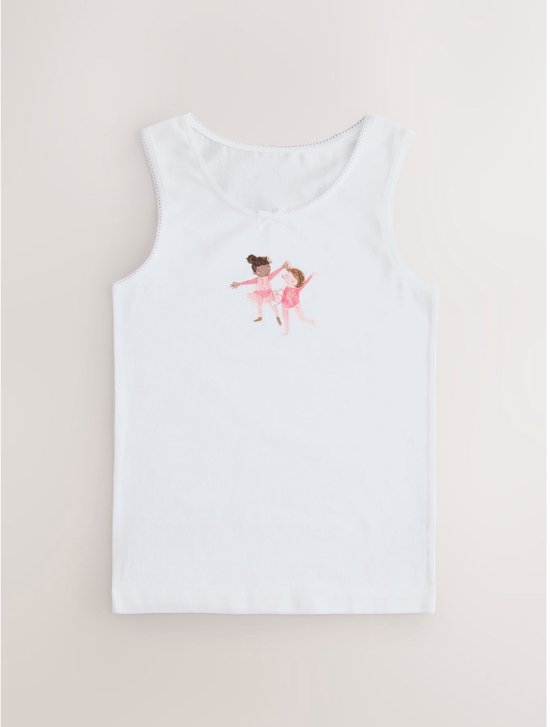 Wit hemdje met twee ballerina's in roze balletpakjes, met strikje en festonrand.