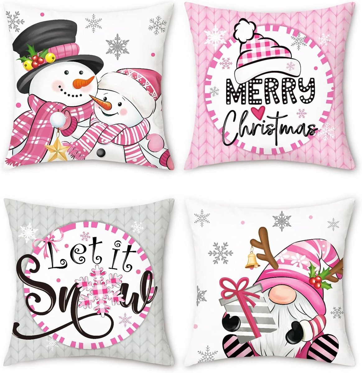 Sneeuwman Kussenhoezen voor de Winter, Roze Gnoom Hoed, Decoratieve Kussens voor Sofa en Bed, Set van 4, 45x45cm, Perfect voor de Feestdagen en Kerstdecoratie
