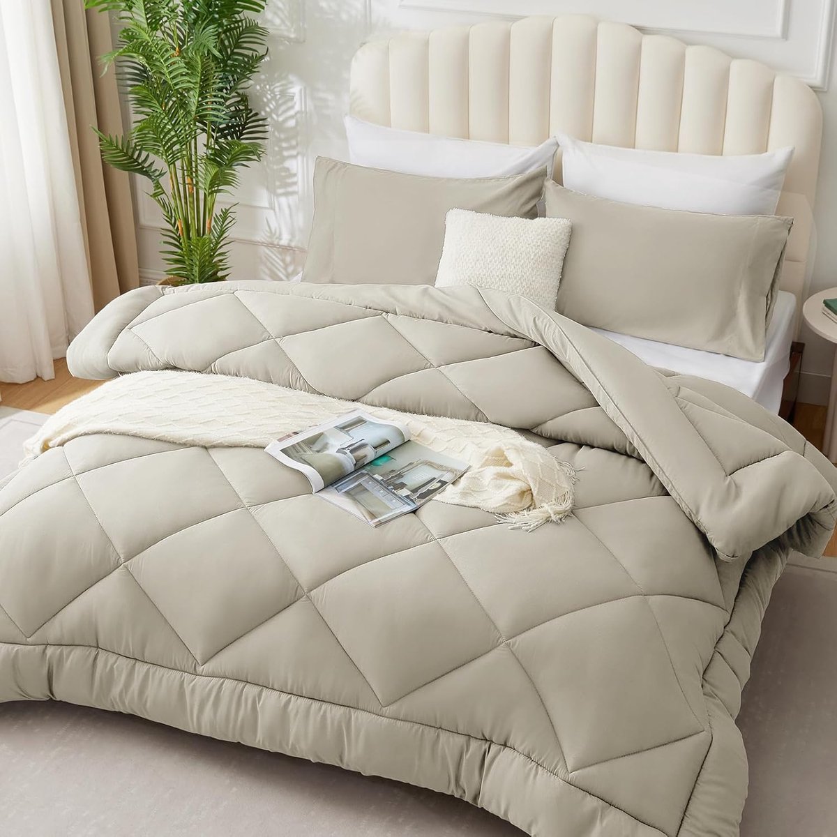 SnelShoppen - WAVVE Dekbed 4 Seizoenen 155 x 220 cm, Ademend Microvezel Dekbed, Super Zachte Slaapdeken, 300 g/m², Beige, Ideaal voor Elke Gelegenheid