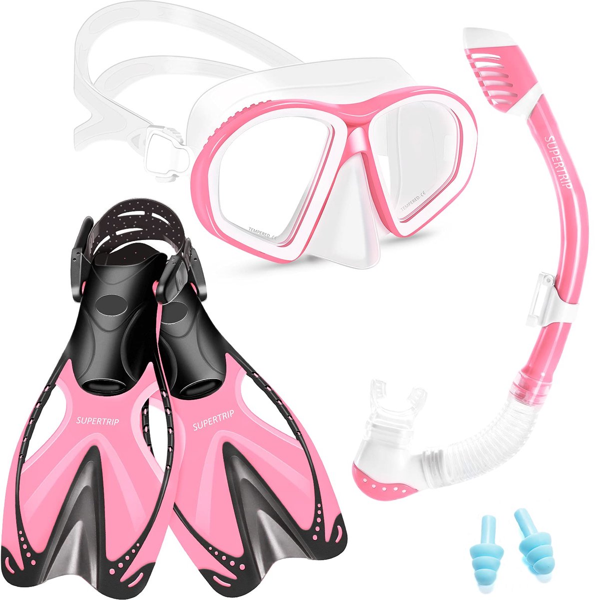 SnelShoppen - Supertrip Snorkelset voor Kinderen, 3-delig, Zwemset met Duikbril van Gehard Glas, Dry Snorkel en Verstelbare Vinnen voor Onderwaterplez