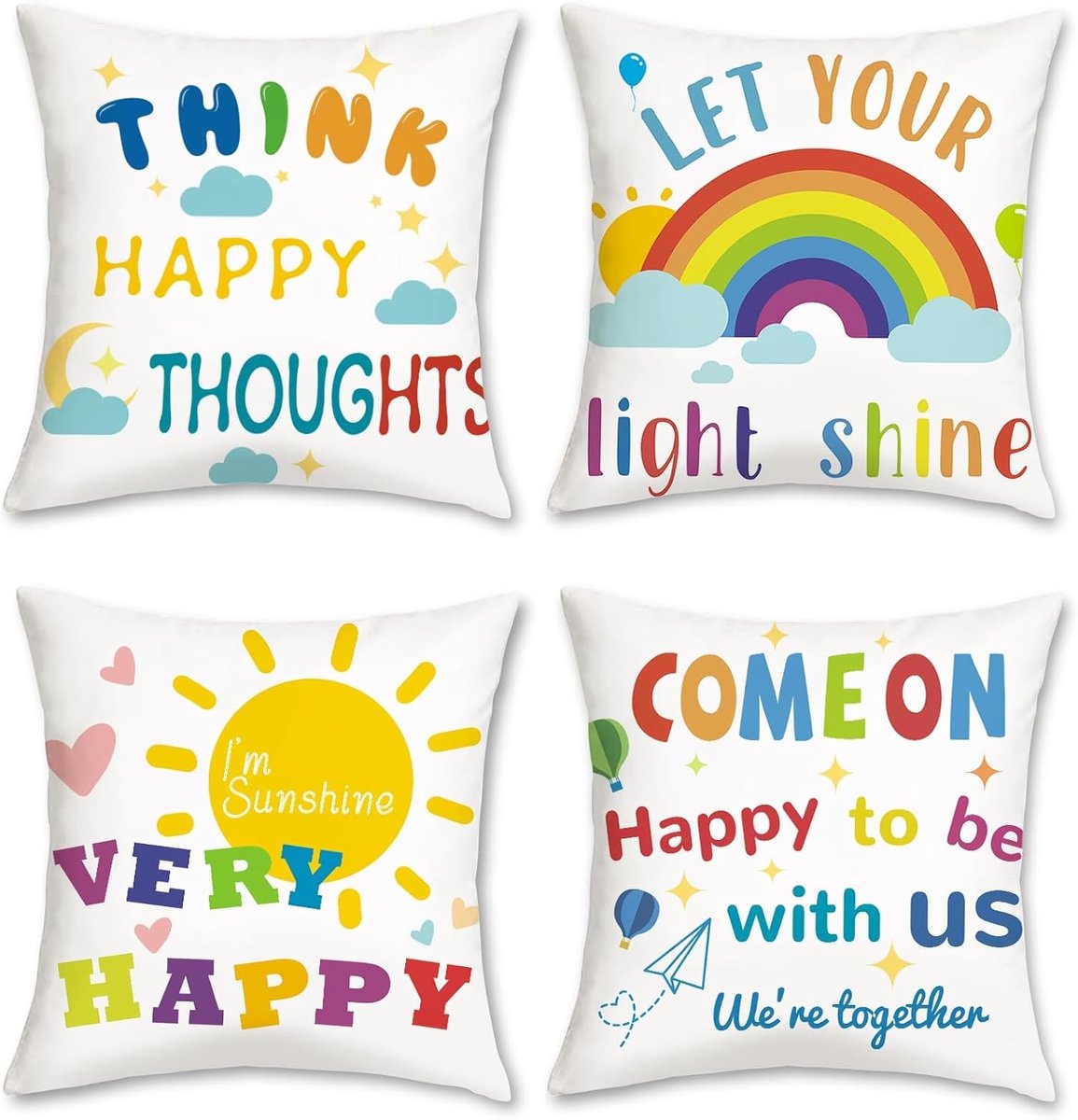 Kleurige Kindersloop met Regenboog en Inspirerende Citaten, Zacht Velours Decoratief voor Sofa, Bed en Kinderdagverblijf 45x45cm Set van 4