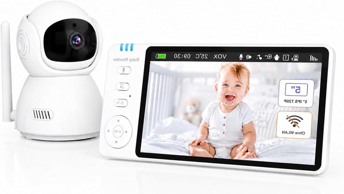 Babyfoon met Camera - Babybewaking Beeld - Kind Bewaken - Geen WiFi Nodig - 5 Inch Scherm - Wit