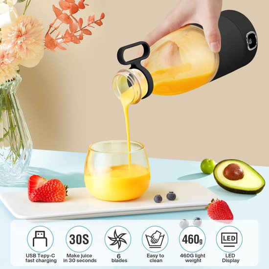 Draagbare Blender - Mini Mixer - Sap en Smoothies - 6 RVS Messen - 350 ml - Zwart — afbeelding 3