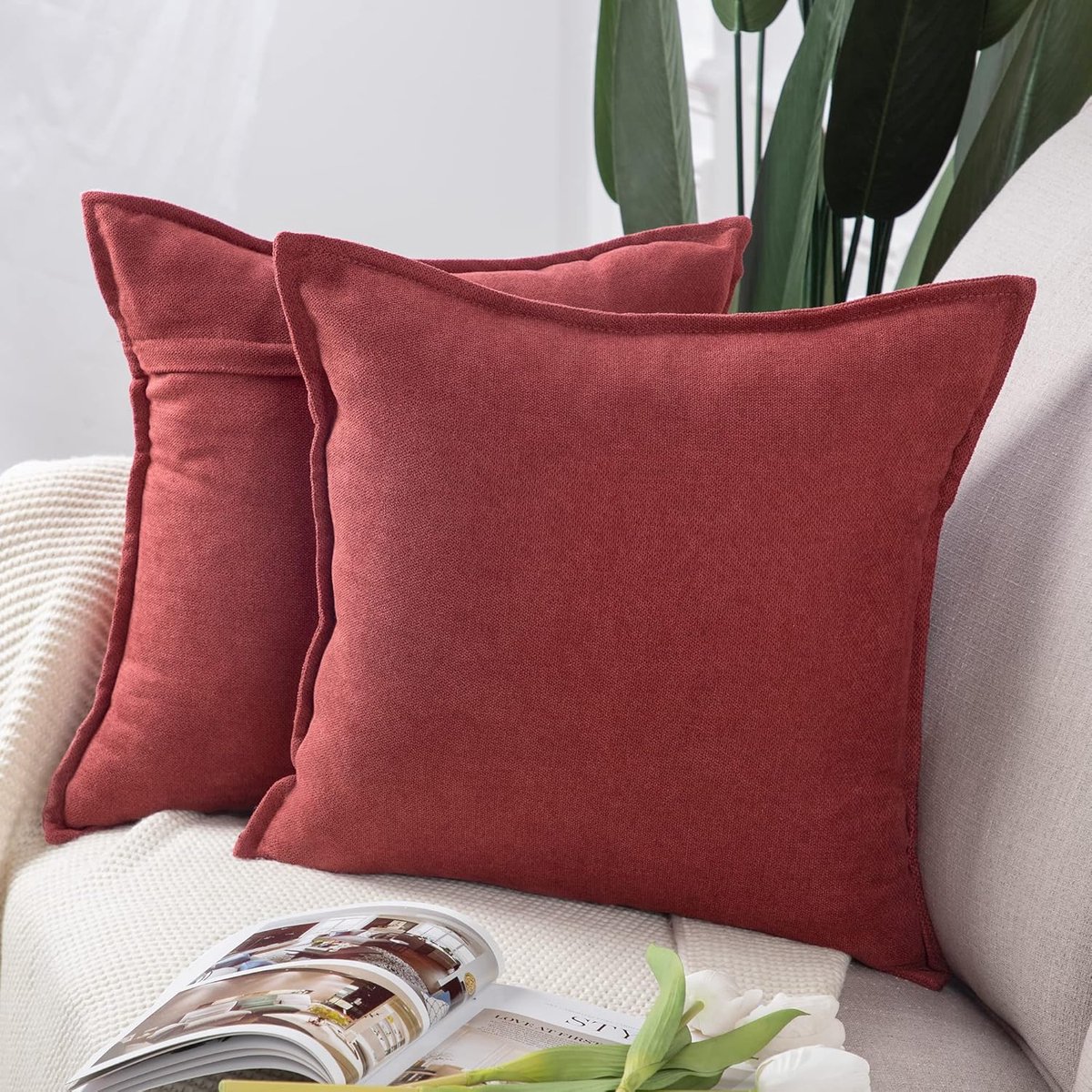SnelShoppen - Set van 2 korte chenille sierkussenhoezen, zachte bordeauxrode kussenhoezen voor bank en slaapkamer, 45 x 45 cm vierkant, decoratieve ku