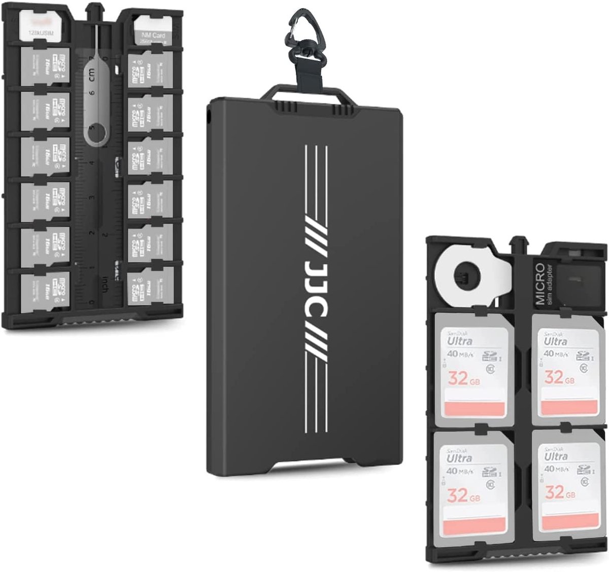Pop-up metalen geheugenkaarthouder voor 12 micro SD's, 4 SD-kaarten en 2 nano SIM-kaarten met karabijnhaak en verwijdertool - ideaal voor reis en organisatie