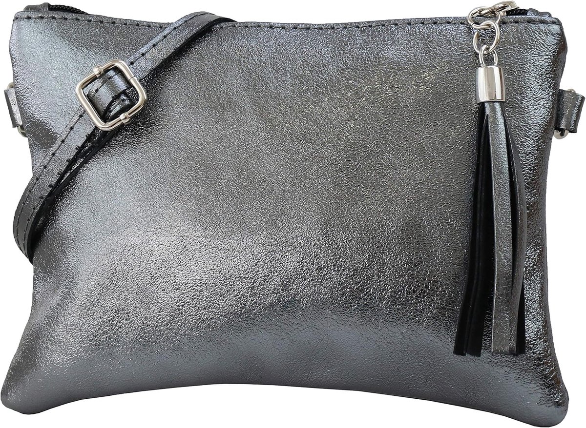 SnelShoppen - Leren schoudertas clutch avondtas 22x15cm, kleine tas voor feest, uitgaan, zwart echt leer, trendy en stijlvol