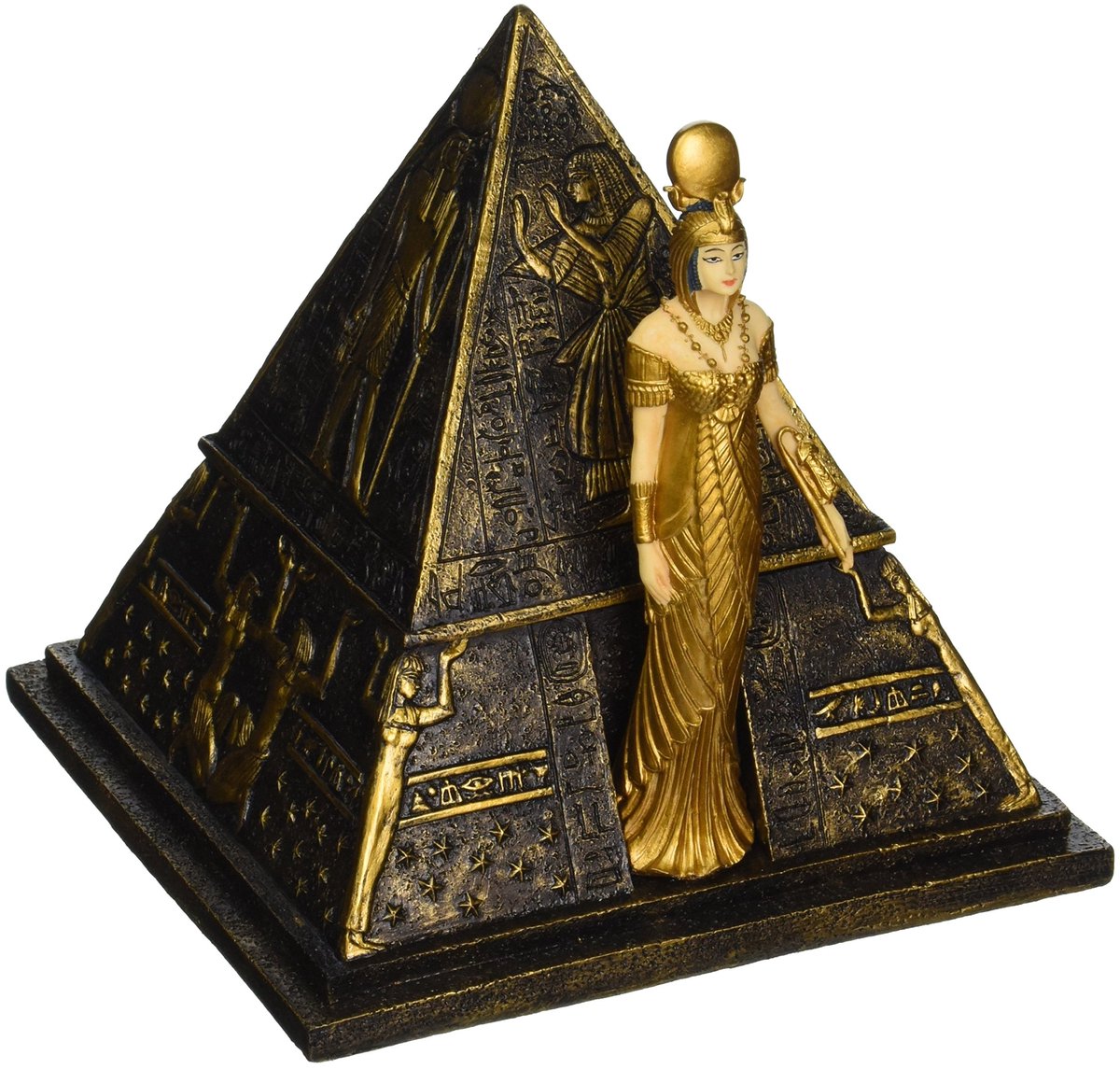 SnelShoppen - Egyptische godin Isis sculptuur piramide schatkist - Design Toscano decoratie - 25 cm - Zwart-goud - Perfect voor huis, kantoor of als c