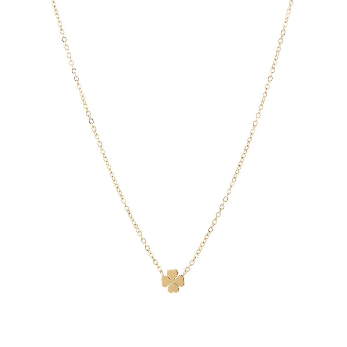 Dames Ketting met Klavertje Hanger - Fijne Schakelketting - Klaver Vier - Stainless Steel / RVS - 40 cm (+5 cm) - Goud