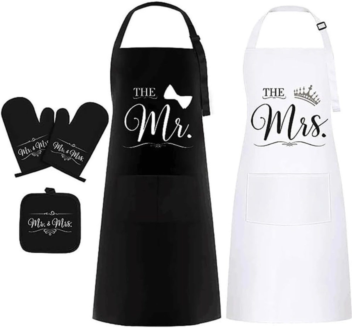 Persoonlijke Keuken Schort Set met Ovenwant en Pannenlappen voor Koken en Bakken, Zwart en Wit, Geschikt voor Mannen en Vrouwen, Keukenaccessoires