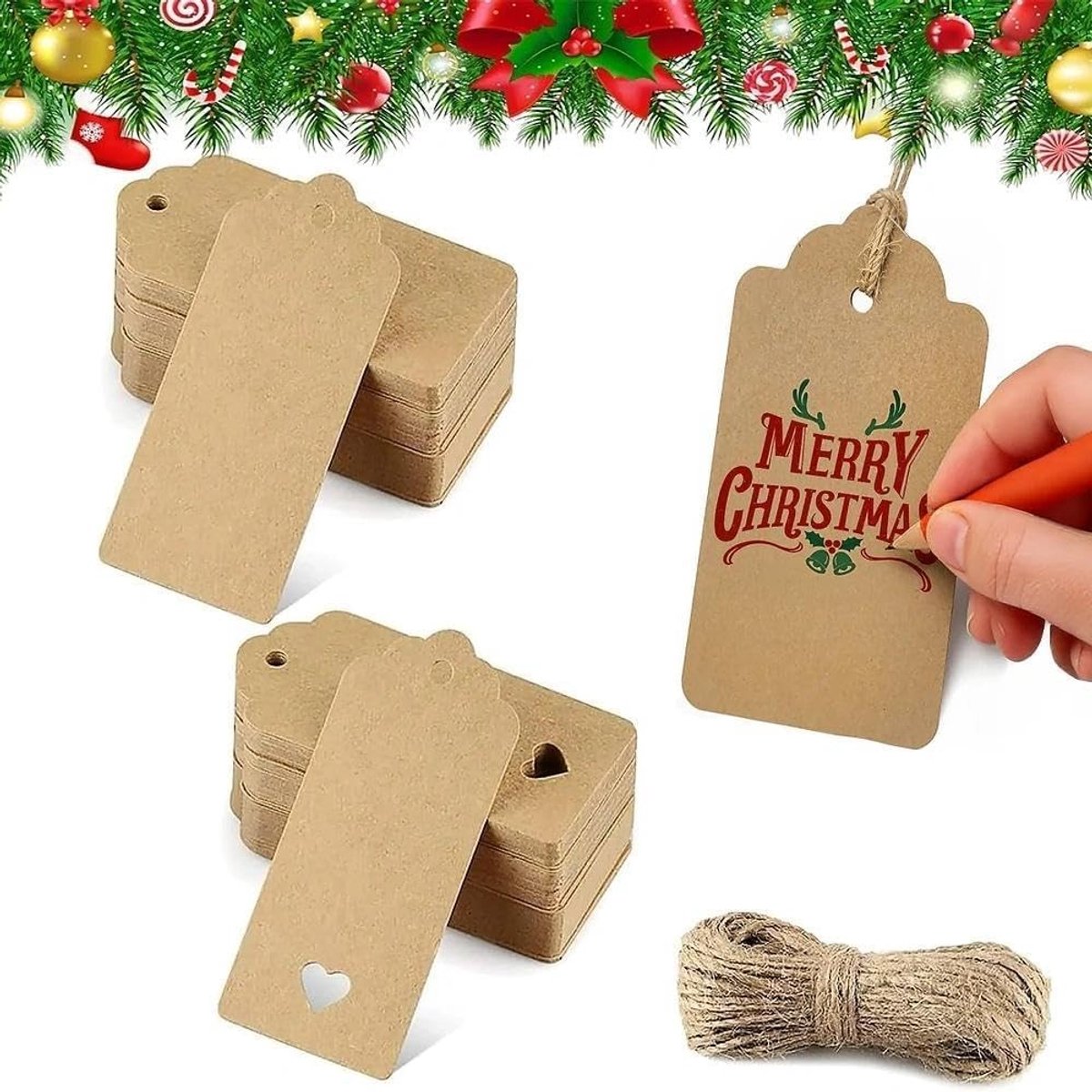 Set van 100 beschrijfbare kraftpapier cadeauhangers voor bruiloften, verjaardagen en kerstdecoratie, inclusief touw voor eenvoudig gebruik
