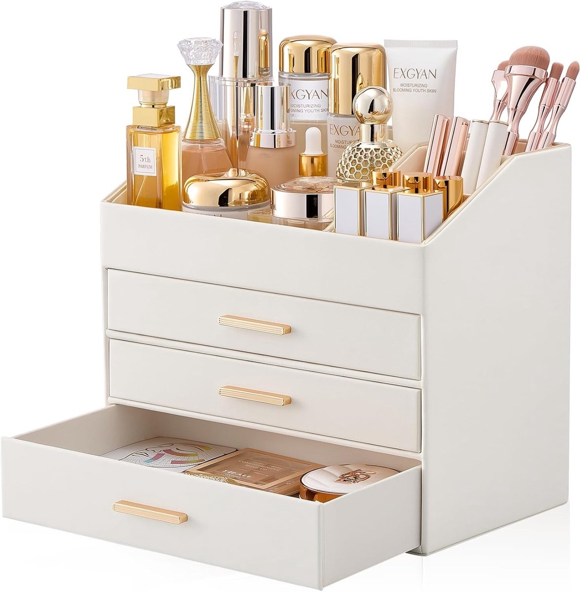 Make-up Organizer voor Vanity Bureau, Luxe 3-Laags PU Leer Make-up Opbergdoos met Lades - Crème Kleur voor Cosmetica en Accessoires