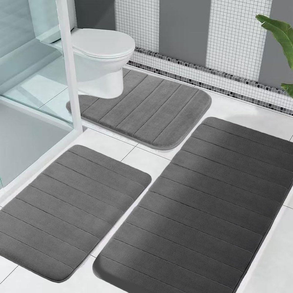 SnelShoppen - Badmatset 3-Delig van Traagschuim, Zachte Antislip Badkamertapijt met U-vormige WC-mat, Wasbare en Absorberende Badmat voor Douche, Toil