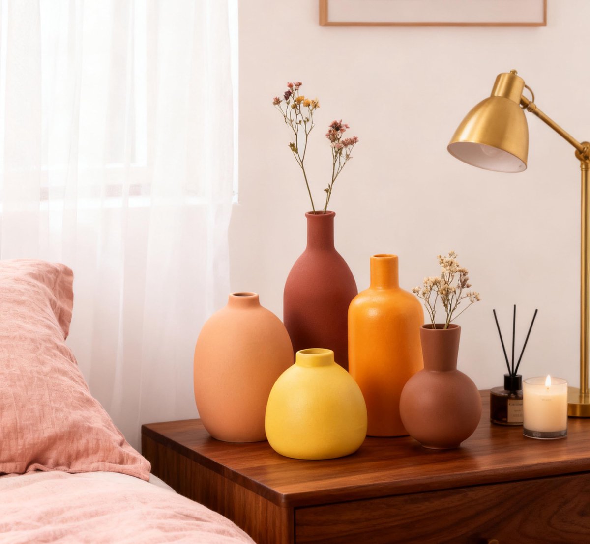 SnelShoppen - Keramische bloemenvaas set van 5 - Elegante pampasgras vazen in roodbruin, diepgeel, oranje, geel en bruin - Decoratieve kleine vazen vo