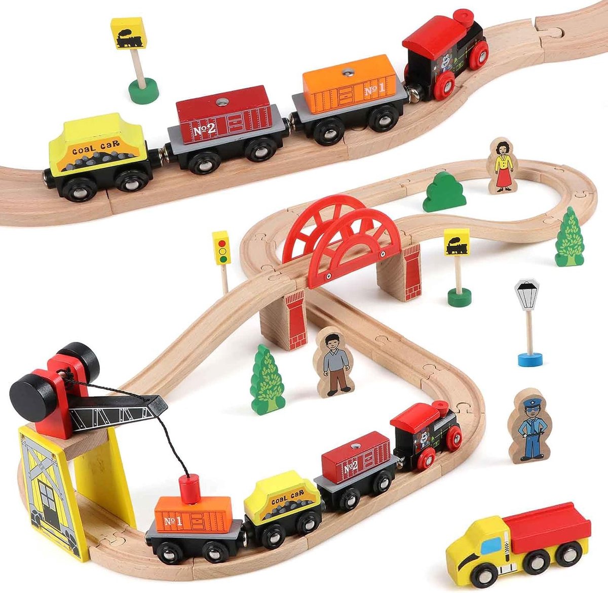 39-delige Houten Treinrails Speelgoed met Kraan en Brug - Train Toys voor Kinderen, Educatief en Creatief Speelgoed