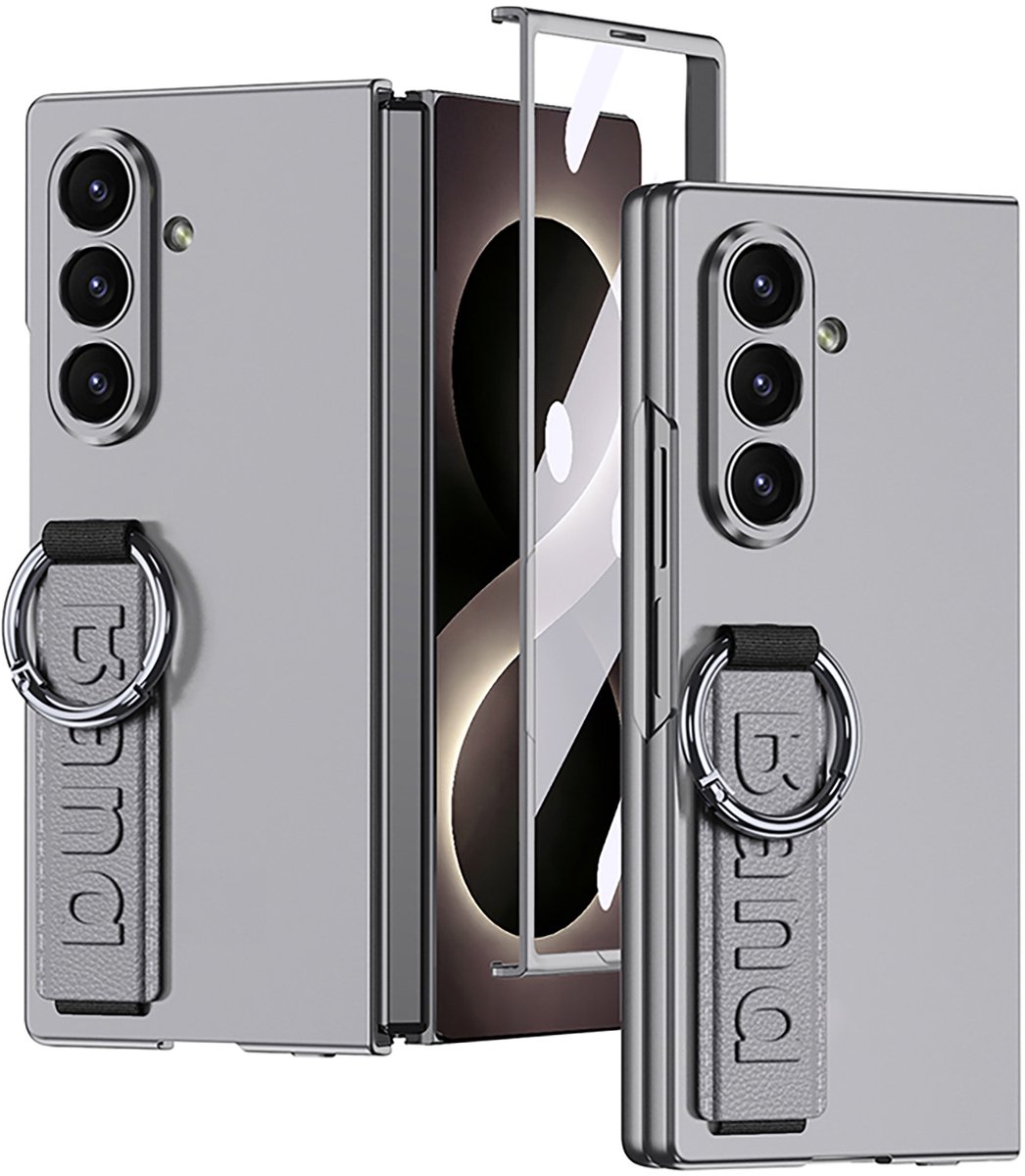 Casemania Hoesje Geschikt voor Samsung Galaxy Z Fold 8 Ultra - Grijs - Matte Back Cover met Handstrap, Ring Houder en Ingebouwde Screenprotector - Hardcase Telefoonhoesje met Vingerhouder
