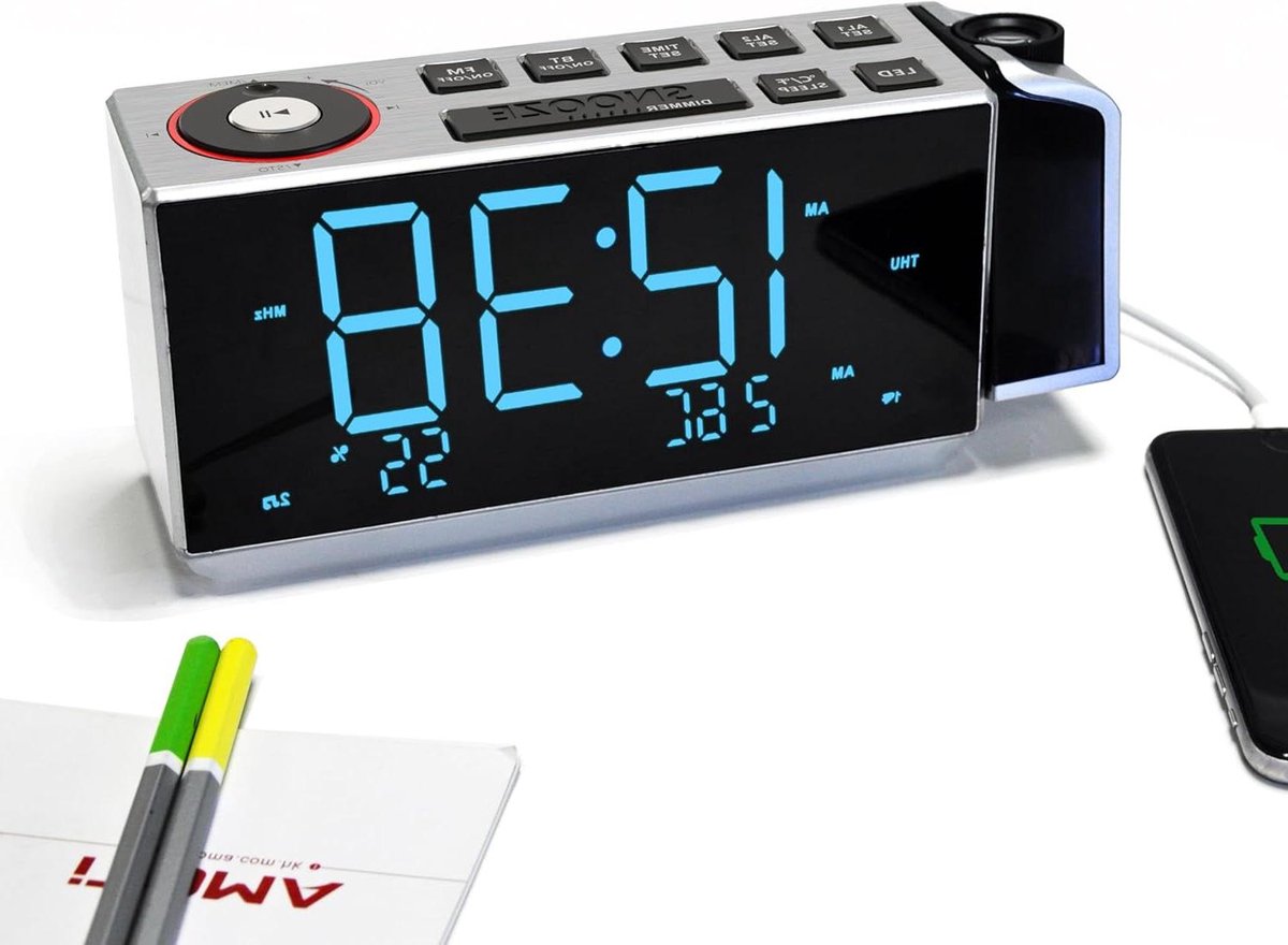 Projectie Wekker - Digitale Klok - Slaapkamer Comfort - Dubbel Alarm Radio - 18" LED Display - IJsblauw