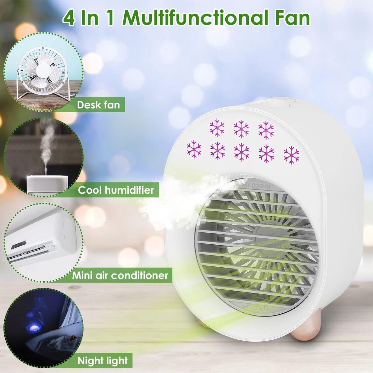 Mobiele airconditioner - Ventilator - 4-in-1 draagbare desktop aircooler - USB oplaadbare luchtkoeler met waterverneveling - 3 windsnelheden - LED Verlichting - geschikt voor slaapkamer - auto - caravan en camping - sproeistanden – foto 4